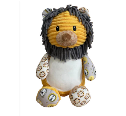 Lion has an orange body, decorated, patterned arms and feet and ears, small black eyes, a small brown nose and a brown mane.