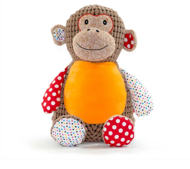 Huggles has a brown, patterned body with an orange belly, alternating large and small spotted design on the ears, arms and feet, orange feet, black eyes and a protruding mouth muzzle.